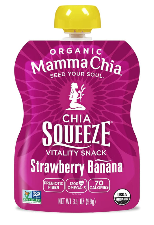 Mamma Chia Organic Vitality Squeeze Snack, Strawberry Banana, Chia Pouches. USDA Organic, Non-GMO, Vegan, Gluten Free, and Kosher. Fruit and Vegetables with only 70 Calories, 3.5 Ounce (Pack of 24)