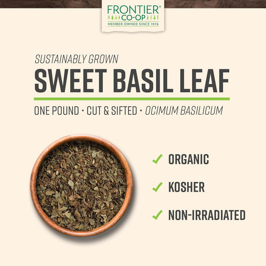 Frontier Co-Op Sweet Basil Leaf, 1-Pound Bulk, Popular On Pizza & Diy Body Care As An Essential Oil, Kosher, Organic