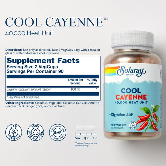 Solaray Cool Cool Cayenne 40,000 Hu, Healthy Digestion, Circulation, & Cardiovascular Support 180 Vegcaps