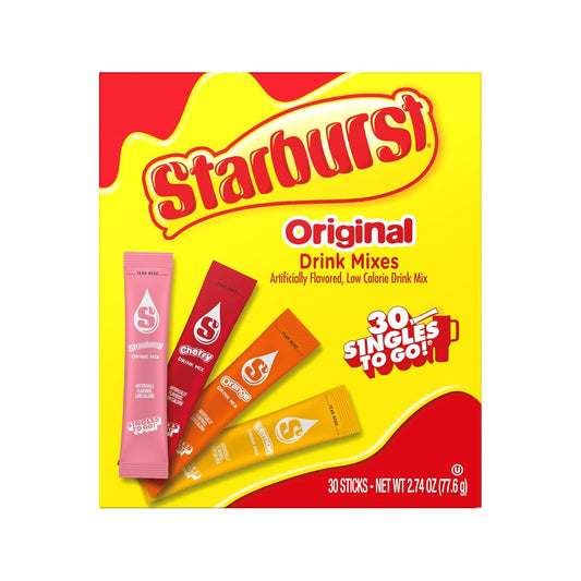 Starburst Singles To Go Variety Pack, Watertok Powdered Drink Mix, Includes 4 Flavors, Strawberry, Cherry, Orange And Lemon 1 Box (30 Servings)