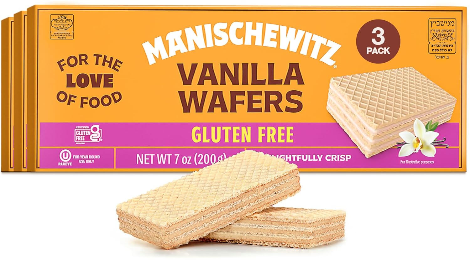 Manishewitz Gluten Free Vanilla Wafers, 7oz (3 Pack) Crispy Wafer with Creamy Vanilla Filling, Easy Grab-and-Go Snack