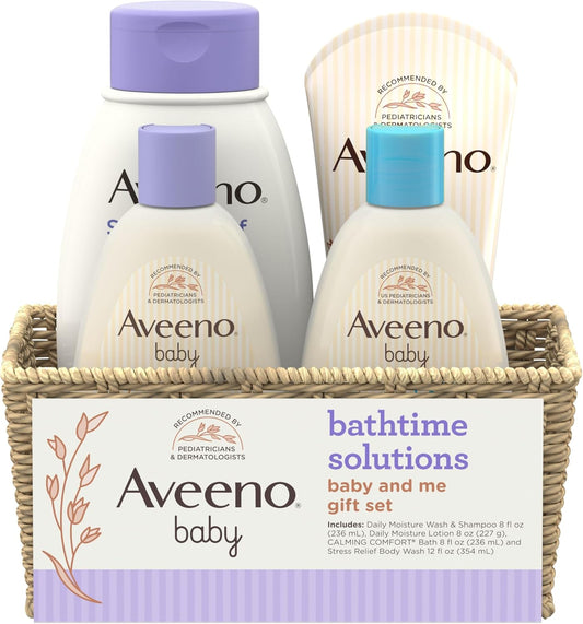 Aveeno Baby Bathtime Solutions Baby & Me Gift Set With Baby Wash & Shampoo, Calming Baby Bath, Baby Daily Moisturizing Lotion & Stress Relief Body Wash For Mom, Oatmeal, 4 Items