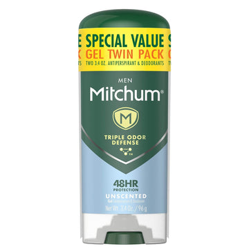 Mitchum Men'S Deodorant, Antiperspirant, Triple Odor Defense Gel Stick, 48 Hr Protection, Dermatologist Tested, Alcohol Free, Unscented, 3.4 Oz (Pack Of 2)