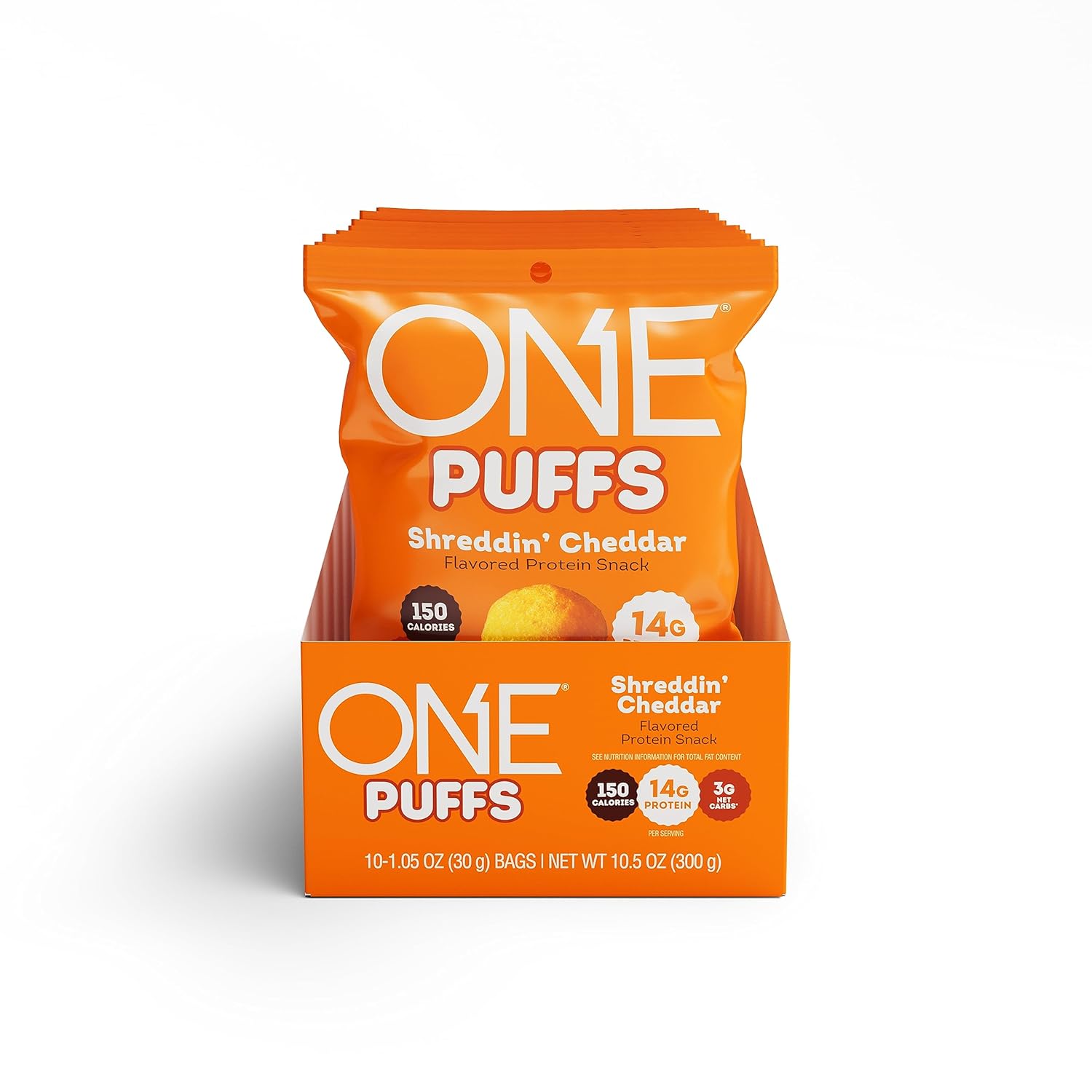 One Puffs, Shreddin' Cheddar Flavor, 14G Of Protein, Protein Snacks For On The Go, 150 Calories Per Snack (10 Pouches)