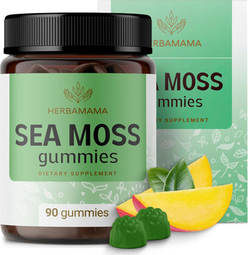 Herbamama Irish Sea Moss Gummies - 1600 Mg Sea Moss Complex With Bladderwrack And Burdock Root - Mango Flavored Sea Moss Supplement - Vegan, Gelatin-Free, Non-Gmo - 90 Mango-Flavored Chews