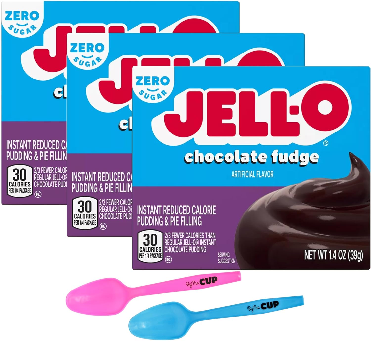 Jell-O Zero Sugar Chocolate Fudge Instant Pudding & Pie Filling Mix, 1.4 oz Box (Pack of 3) with Mood Spoons