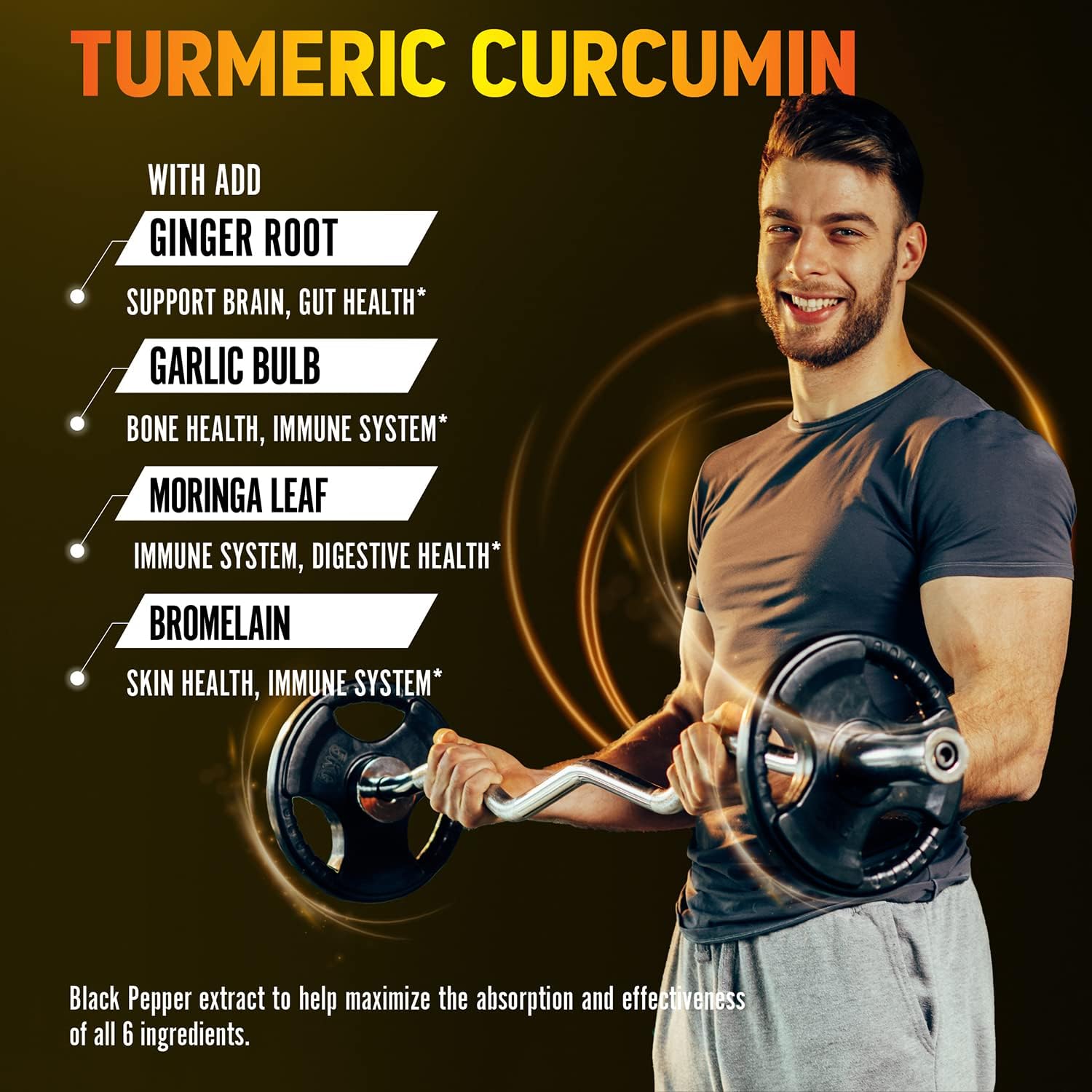 6 in 1 Turmeric Curcumin + Ginger Capsules, 95% Curcuminoids, Equivalent to 13050mg, with Ginger, Garlic Bulb, Bromelain, Moringa, Black Pepper, Joint & Absorption Support - 120 Capsules : Health & Household