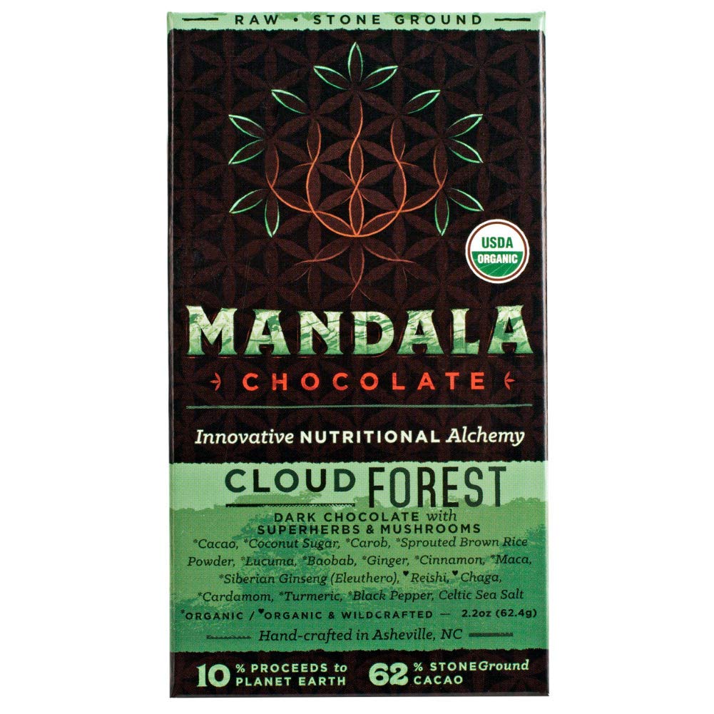Mandala Superfood Low Glycemic Bean-To-Bar Chocolate (2.2 Oz Bar) Organic, Artisan, Healthy, Vegan, Made With Adaptogens (Cloud Forest, 6-Pack)