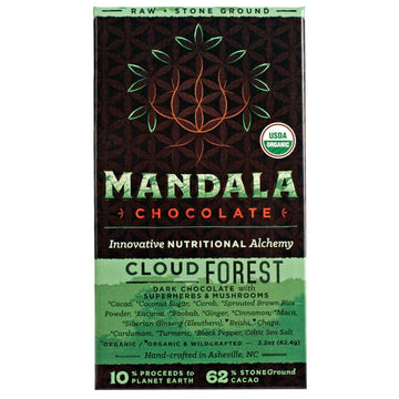 Mandala Superfood Low Glycemic Bean-To-Bar Chocolate (2.2 Oz Bar) Organic, Artisan, Healthy, Vegan, Made With Adaptogens (Cloud Forest, 6-Pack)