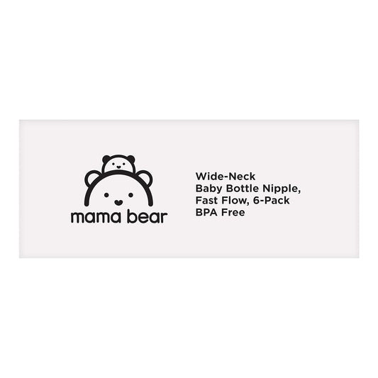 Amazon Brand - Mama Bear Wide-Neck Baby Bottle Nipple, Bpa-Free, Fast Flow (Pack Of 6), Compatible With Mama Bear Wide-Neck Baby Bottles Only