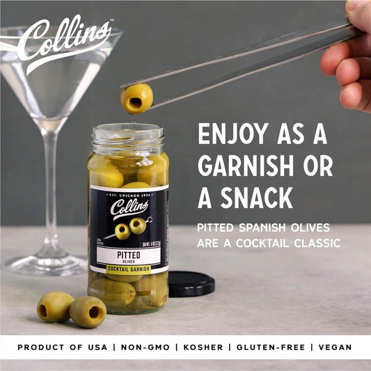 Collins Pitted Olives Popular Garnish for Cocktails, Dirty Martinis, Salads, Cheese Trays, Charcuterie, Snacks, 4oz, Black