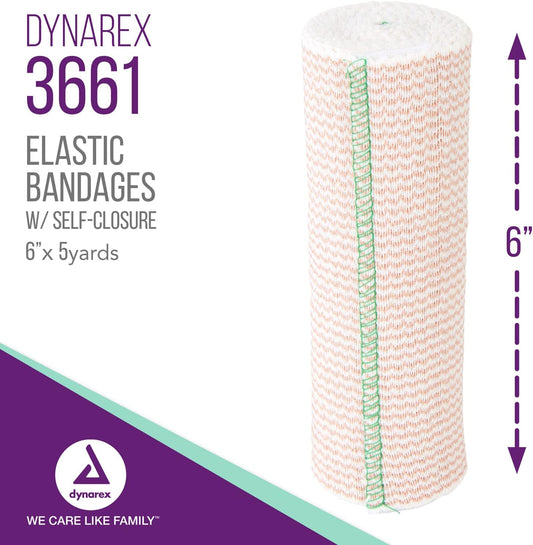 Dynarex Elastic Bandages With Self-Closure, Outstanding Compression & Stretch, Latex-Free Elastic Bandages With Velcro Closure, 6" X 5 Yds., 1 Case - 50 Bandages (5 Boxes Of 10)