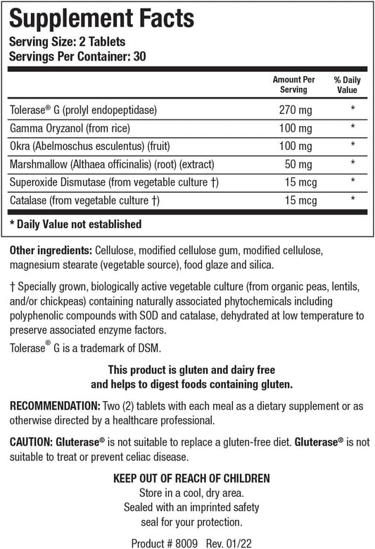 Biotics Research Gluterase Dietary Enzymes For Digesting Gluten, Specialized Enzyme Preparation, Tolerase, Gut-Supportive Nutrients, Okra, Marshmallow, Vitamin U Complex, 60 Tablets