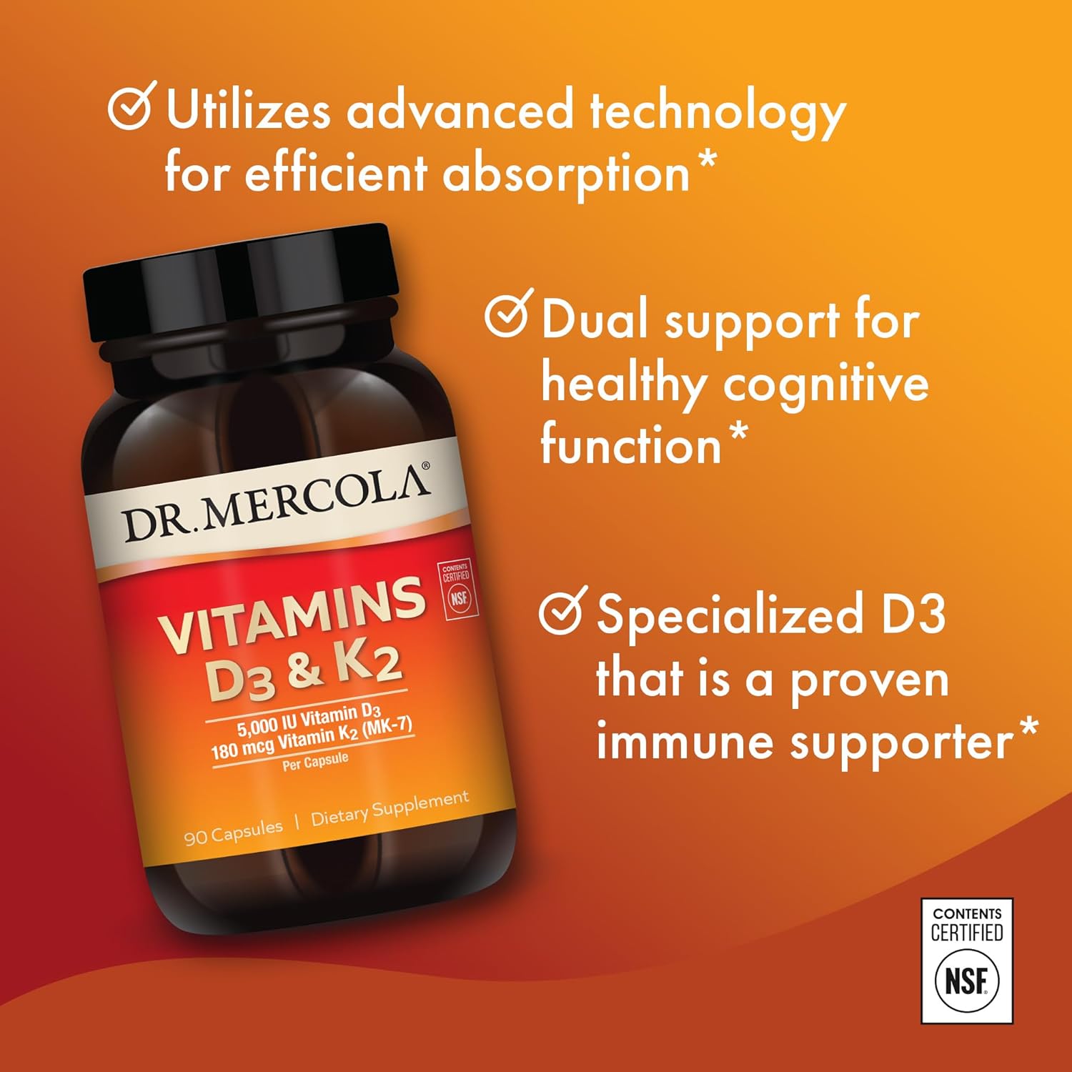 Dr. Mercola Vitamins D3 & K2, 90 Servings (90 Capsules), Dietary Supplement, Supports Immune Health, Non GMO, NSF Certified : Health & Household