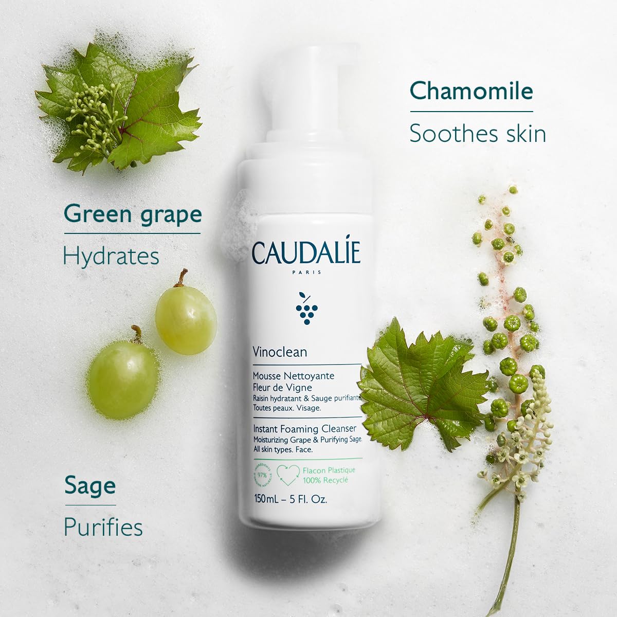 Caudalie Gentle Foaming Cleanser - Daily Cleanser with Antioxidants to Gently Cleanse and Soften Skin without Soap or Sulfates. Cleanses, Soothes, and Reduces Redness : Beauty & Personal Care