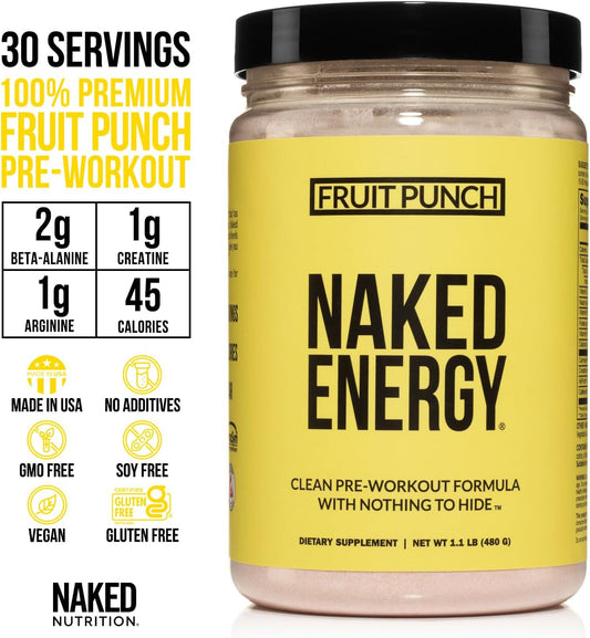 NAKED nutrition Fruit Punch Naked Energy - Clean Pre Workout Supplement for Men and Women, Vegan Friendly, No Added Sweeteners, Colors Or Flavors - 30 Servings