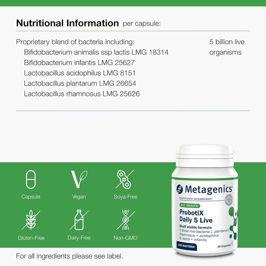 Metagenics Probotix Daily 5 Live Bacteria - Travel Friendly Supplement - Multi-Strain Formula - 30 Capsules