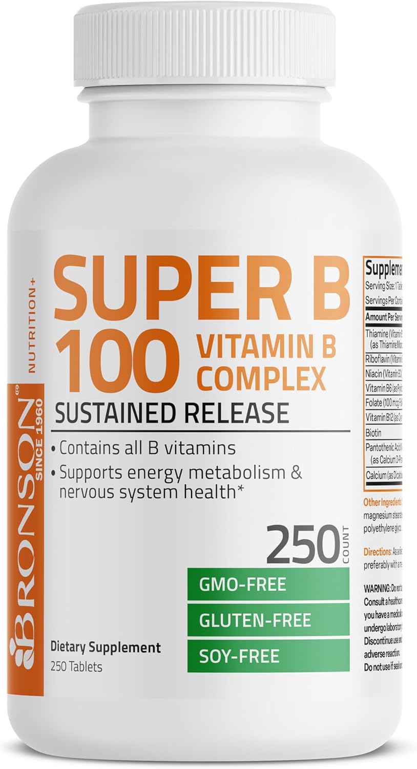 Bronson Super B 100 Vitamin B Complex Sustained Release Contains All B Vitamins (Vitamin B1, B2, B3, B6, B9 - Folic Acid, B12) Supports Energy Metabolism & Nervous System Health, Non-GMO, 250 Tablets : Health & Household