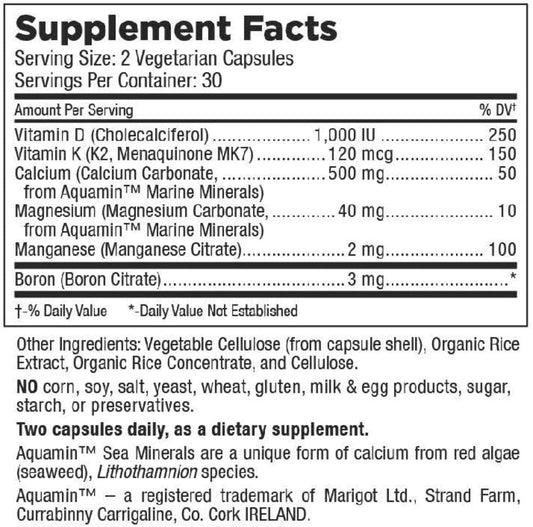 Mt. Angel Vitamins - Bones + K2, Comprehensive Bone Support Calcium Supplement, Aquamin 1600 Mg, Magnesium, Plus Trace Minerals, Vitamin K2 (Mk7), Manganese, Vitamin D3, Boron - 60 Vegetarian Capsules
