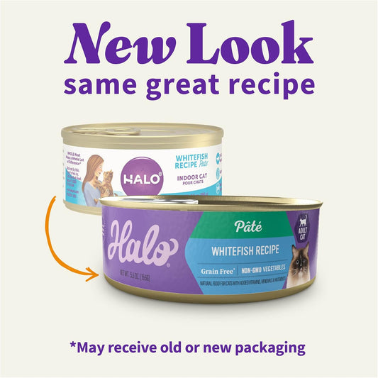 Halo Adult Grain Free Wet Cat Food Pate, Whitefish Recipe, Healthy Cat Food With Real, Whole Whitefish, 5.5 Oz Can (Pack Of 12)