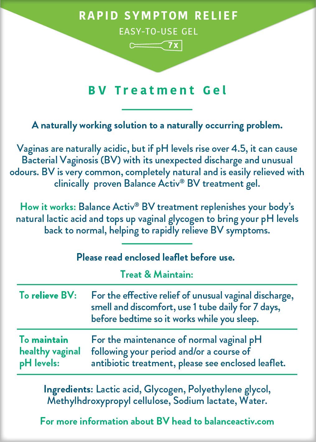 Bacterial Vaginosis Treatment - BV Balance Activ Gel - 7 Tube Box : Vaginal Moisturizers : Health & Household