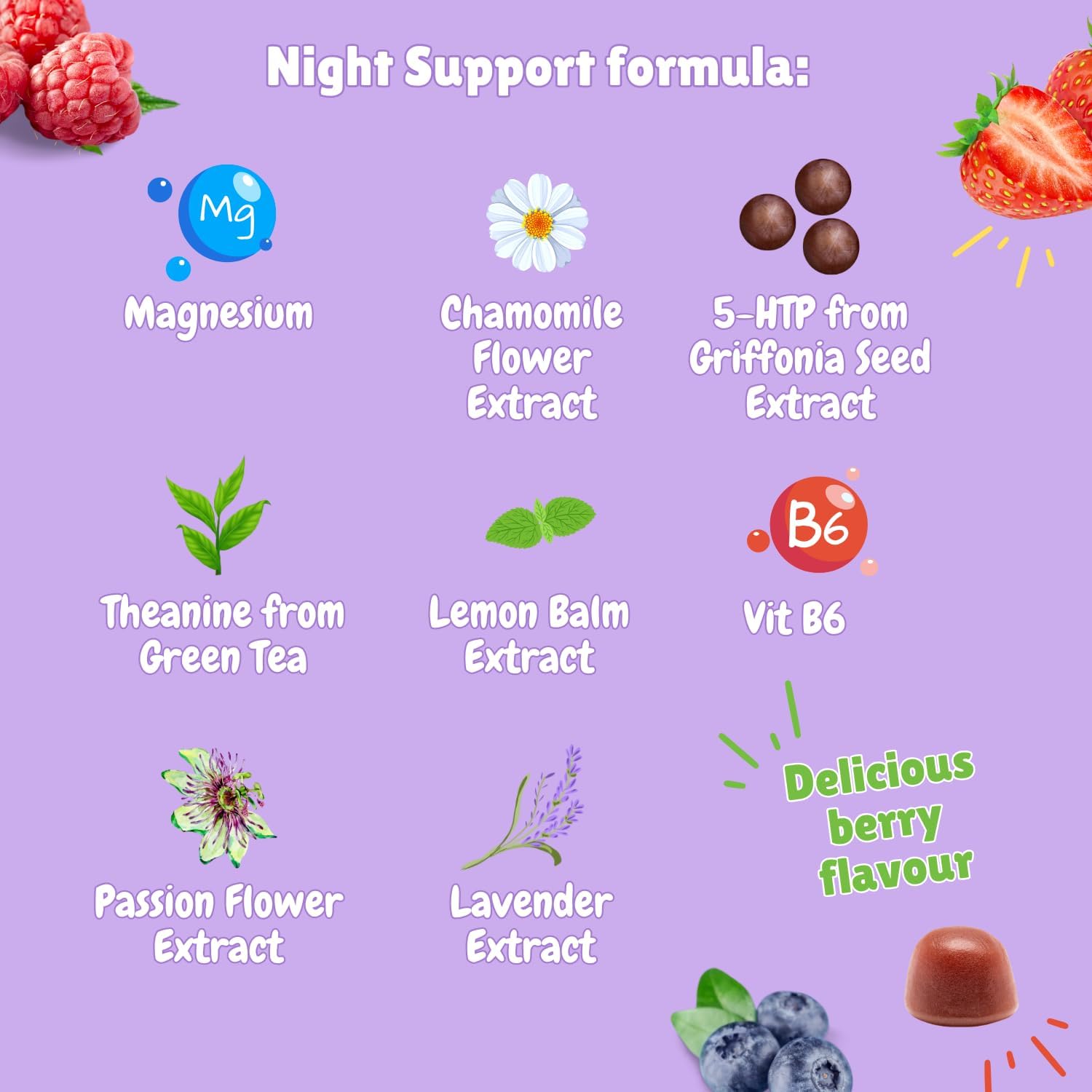 Chewy Vites Adult Night Support, 60 Non-Melatonin Gummies with 5-HTP, Magnesium, Theanine, Chamomile, Lavender, Herbal Night Time Gummies, 1 Months Supply, Berries Flavour : Amazon.co.uk: Health & Personal Care