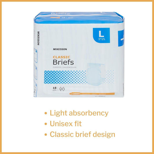 Mckesson Classic Briefs, Incontinence, Light Absorbency, Large, 18 Count, 1 Pack