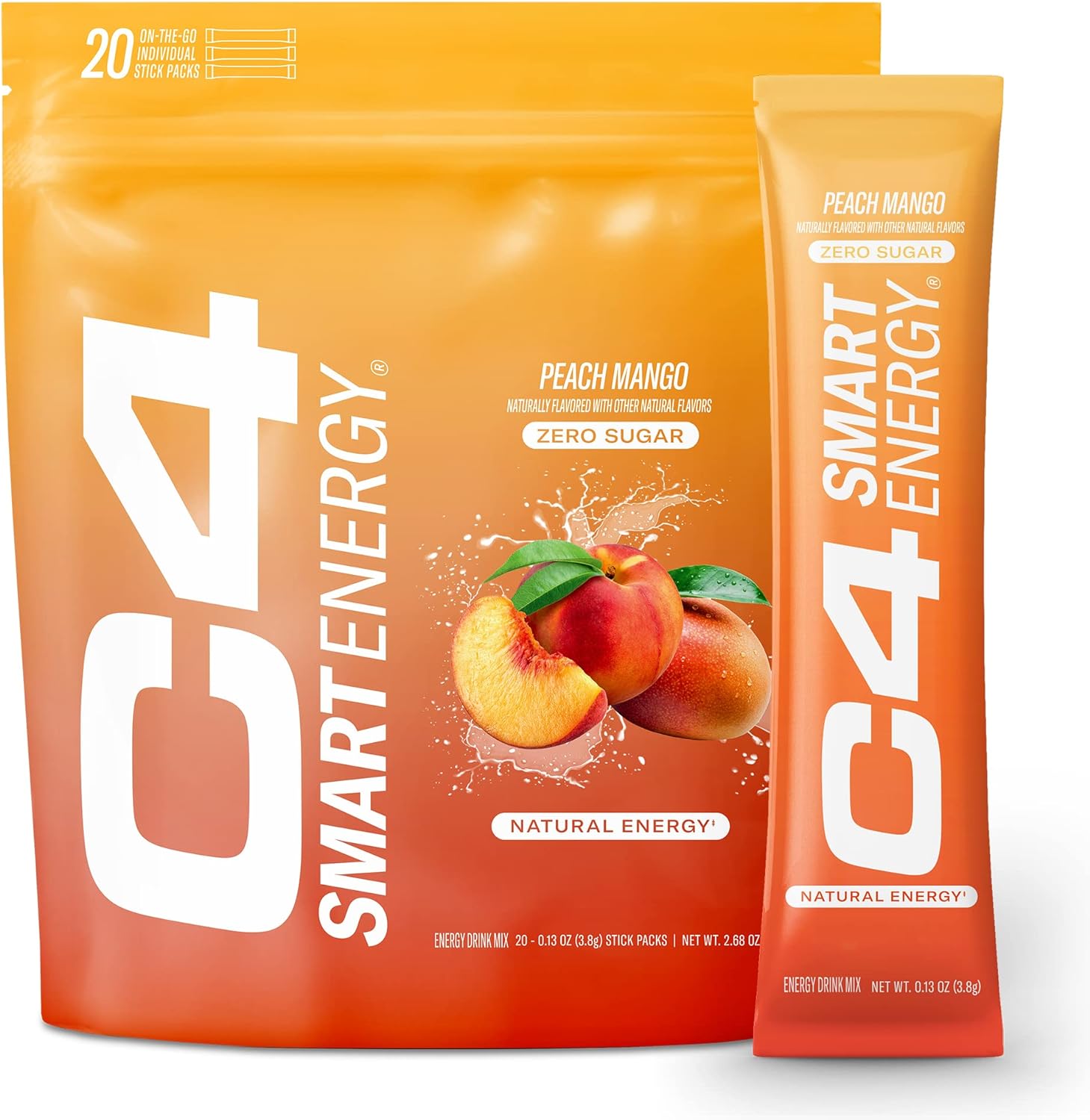C4 Smart Energy Powder Stick Packs - Sugar Free Performance Fuel & Nootropic Brain Booster, Coffee Substitute or Alternative | Peach Mango - 20 Count