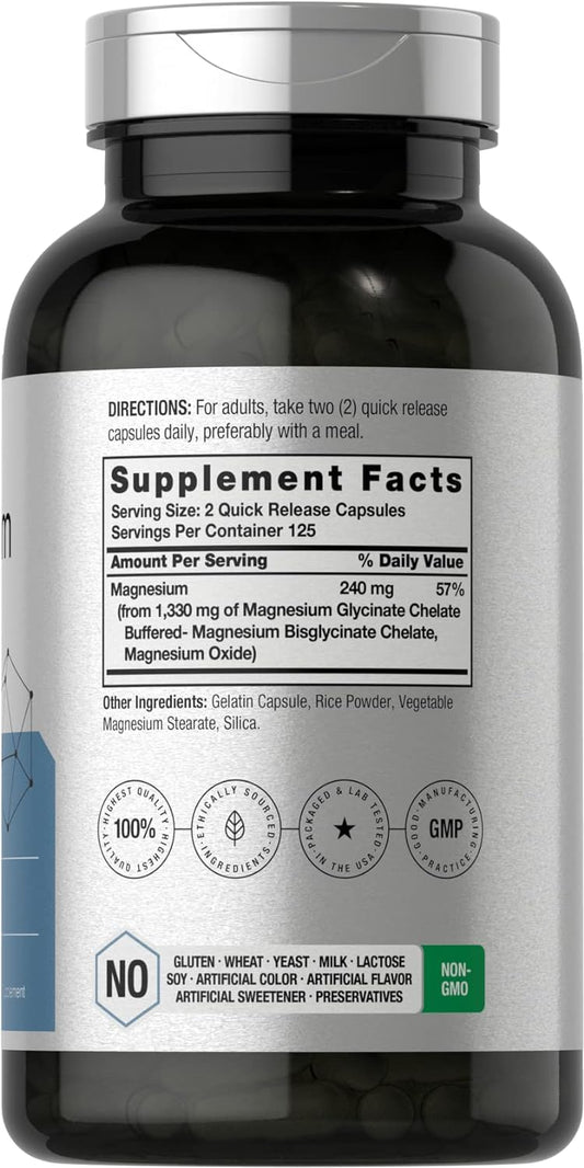 Horbäach Buffered Magnesium Glycinate | 1330mg | 250 Capsules | with Chelated Minerals | Non-GMO, Gluten Free