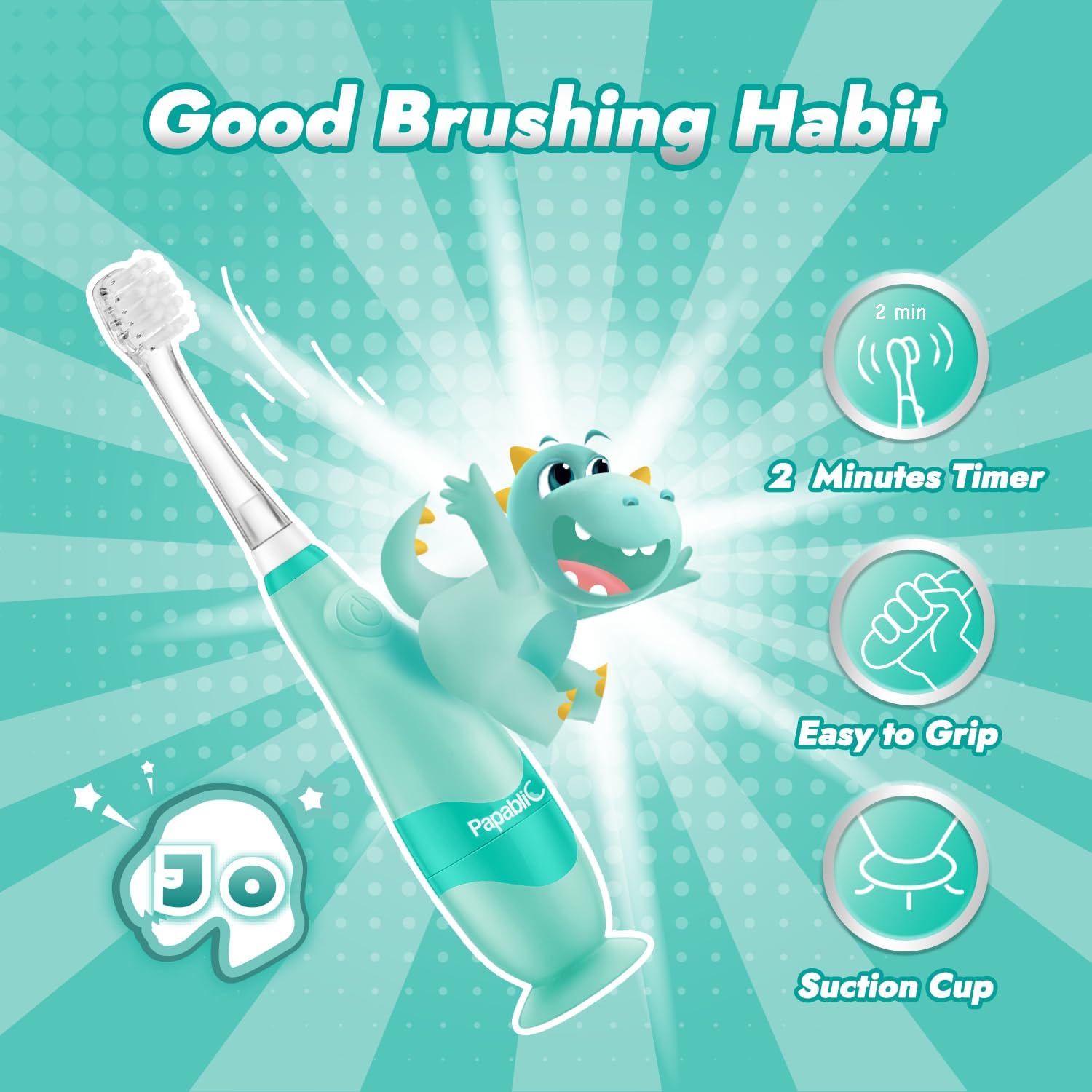 Papablic Toddler Sonic Electric Toothbrush for Ages 1-3 Years, Baby Electric Toothbrush with Cute Dino Cover and Smart LED Timer, 4 Brush Heads (Jo) : Health & Household