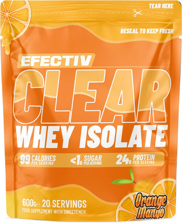 Efectiv Nutrition Clear Whey Isolate Protein Powder 600G - Whey Isolate With 24G Protein Per 30G Scoop, Less Than 100 Calories - Juicy Alternative (600G, Orange Mango)