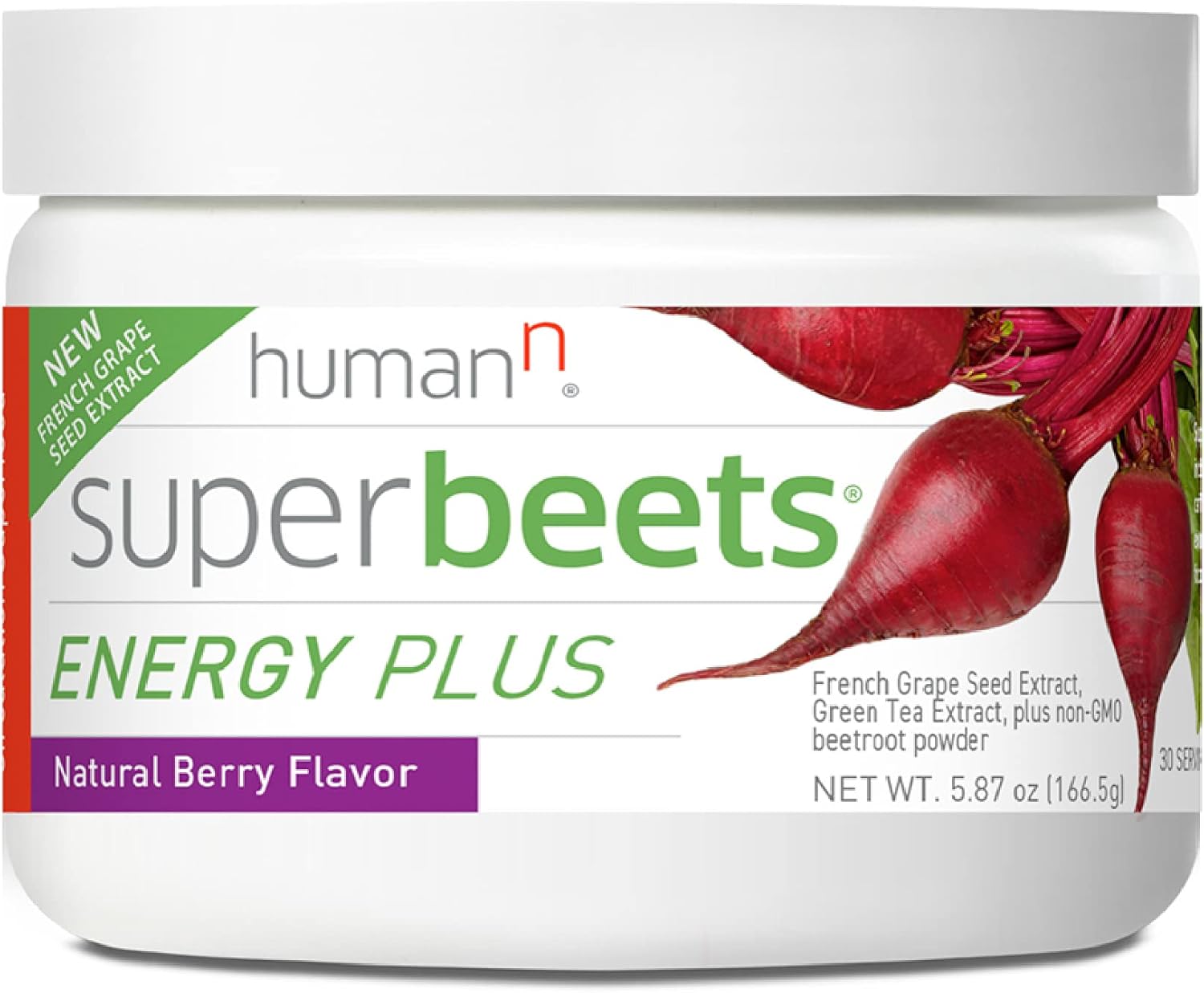 Humann Superbeets Energy Plus With Grape Seed Extract - Includes Beet Root Powder, Green Tea Extract, Caffeine, Vitamin C - Non-Gmo Superfood Supplement - 5.87Oz