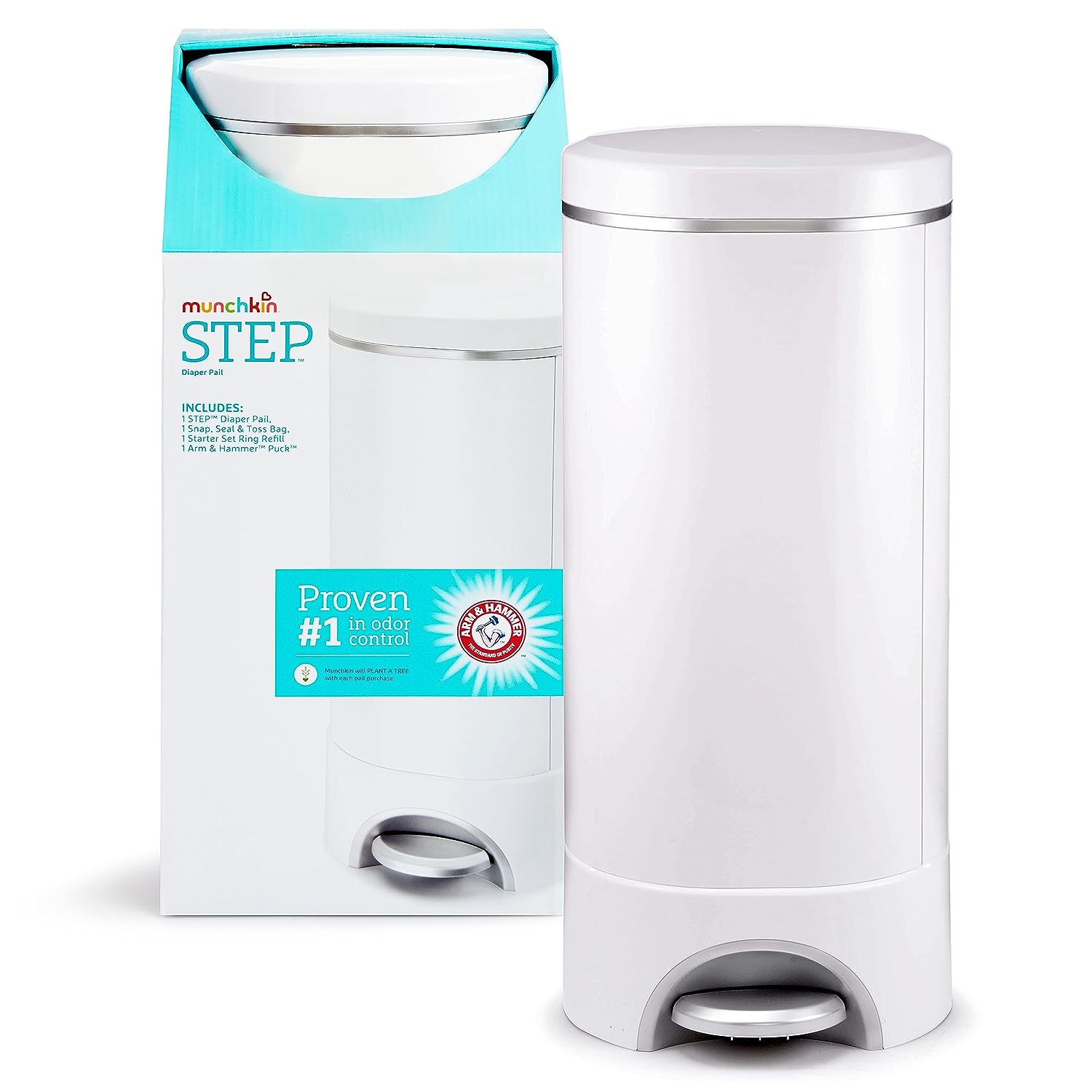 Munchkin® Step Diaper Pail Powered by Arm & Hammer, #1 in Odor Control, Award-Winning, Includes 1 Refill Ring and 1 Snap, Seal & toss Bag