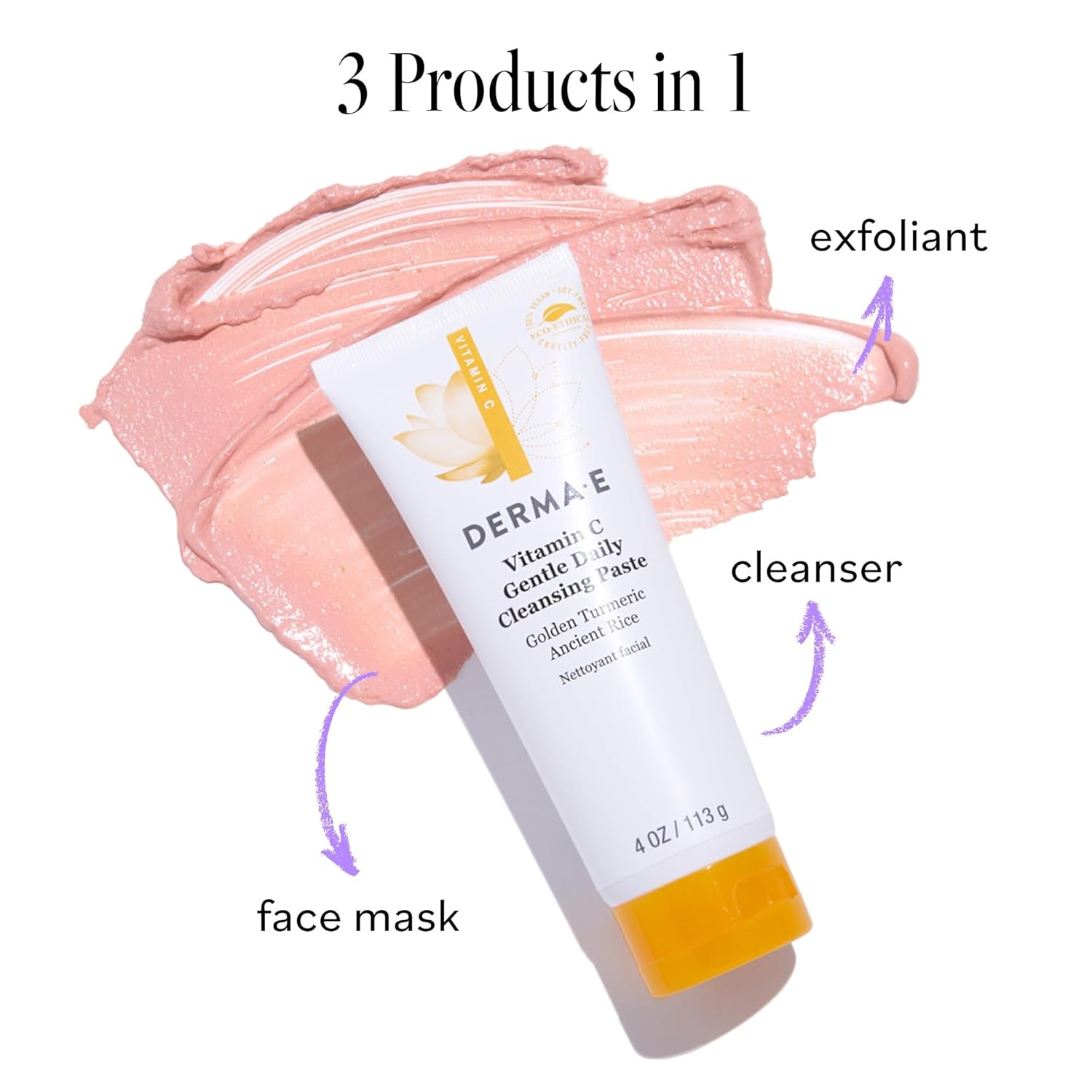 Derma E Vitamin C Gentle Daily Cleansing Paste – Vitamin C Face Mask Or Cleanser With Turmeric - Facial Mask Brightens & Clarifies, 4.0 Oz : Beauty & Personal Care