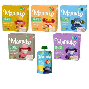 Mamuko Organic Baby Porridge & Puree Variety Pack – Oat, Buckwheat, Barley, Spelt Wheat, Corn & Apple – 6+ Months – Nutritious & Vegan Baby Food, No Additives