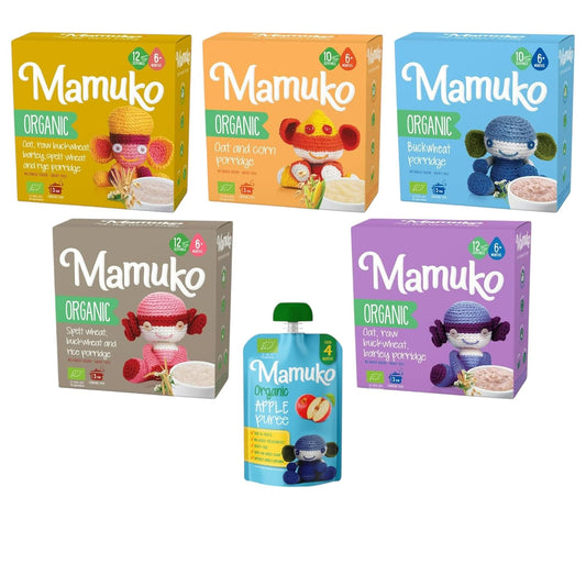 Mamuko Organic Baby Porridge & Puree Variety Pack – Oat, Buckwheat, Barley, Spelt Wheat, Corn & Apple – 6+ Months – Nutritious & Vegan Baby Food, No Additives
