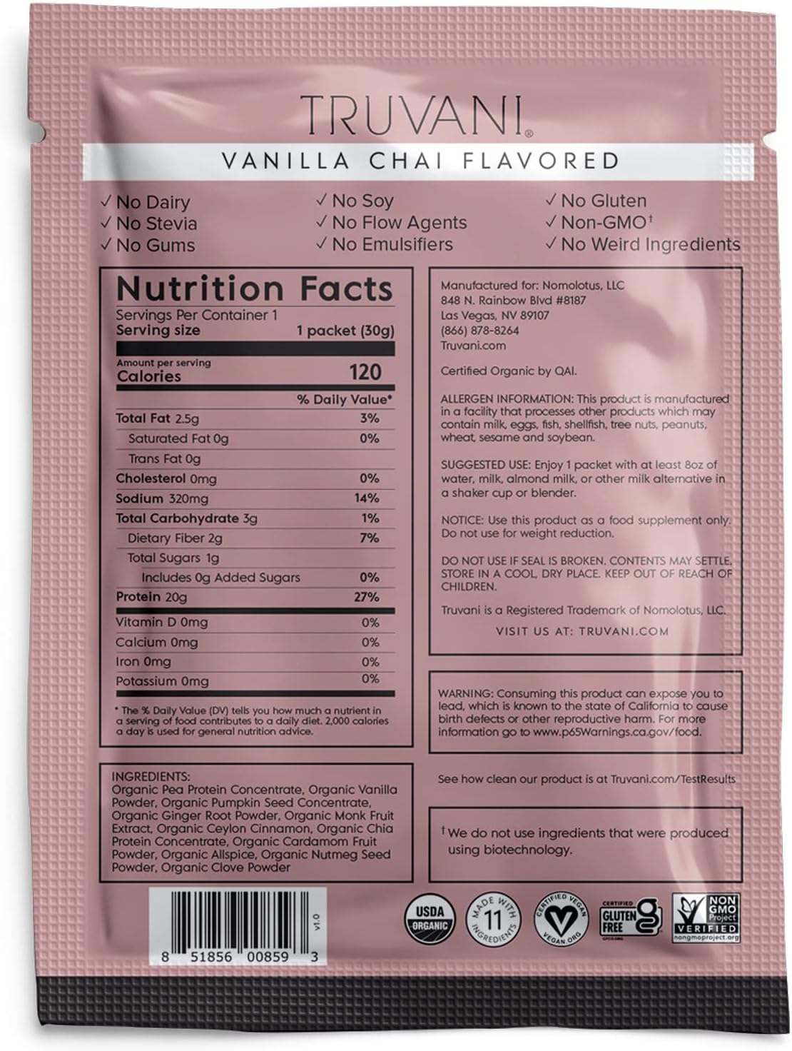 Truvani Vegan Pea Protein Powder | Vanilla Chai | 20g Organic Plant Based Protein | 1 Serving | Keto | Gluten & Dairy Free | Low Carb | No Added Sugar : Health & Household