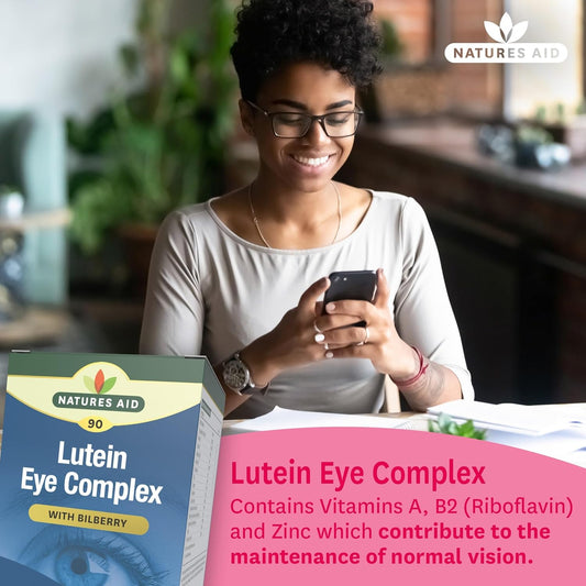 Natures Aid Lutein Eye Complex – With Bilberry, Zinc, Vitamins A B2 C E Riboflavin – Supports Normal Vision Maintenance & Eye Health – Vegan, Gluten-Free, Non-Gmo - 90 Tablets