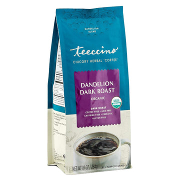 Teeccino Dandelion Dark Roast Herbal Coffee - Caffeine-Free Coffee Alternative With Prebiotics, Gluten Free, Acid Free, Organic - 10 Oz