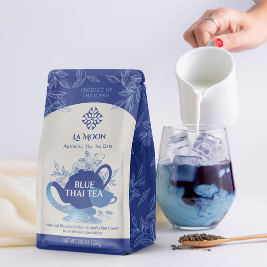 La Moon Tea Blue Thai Tea Mix - Traditional Loose Leaf From Butterfly Pea Flower And Assam Black For Home-Made Iced Tea, Boba & Latte No Food Dye, 7.05 Oz