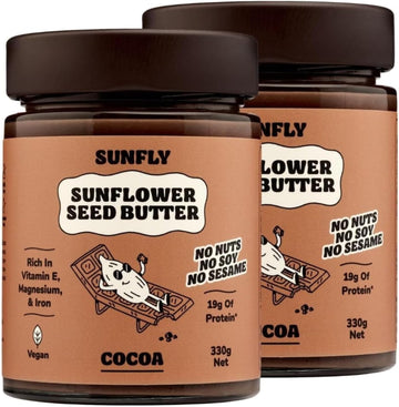 Sunfly Protein Chocolate Spread - Nut-Free, High-Protein Cocoa Spread From Sunflower Seeds - 70% Less Sugar - Palm Oil & Top 14 Allergen Free, Vegan - Rich In Vitamins & Minerals - 2 X 330G Jars