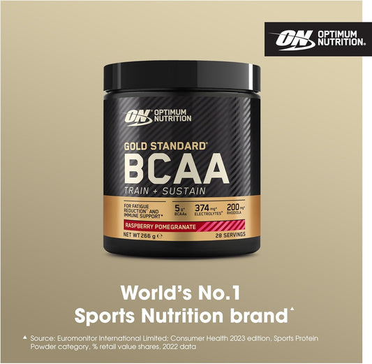 Optimum Nutrition Gold Standard Bcaa Train + Sustain, Amino Acids Pre Workout Powder, Sports Drink With Vitamin C, Zinc, Magnesium And Electrolytes, Raspberry & Pomegranate Flavour, 28 Servings, 266 G