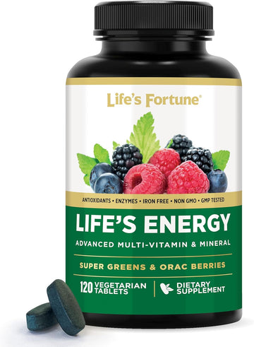 Life'S Fortune Life'S Energy Advanced Multi-Vitamin And Mineral For Men & Women, Non-Gmo - Super Greens - Orac Berries - Antioxidants - Enzymes - Iron Free - Gmp Tested, 120 Veggie Tablets