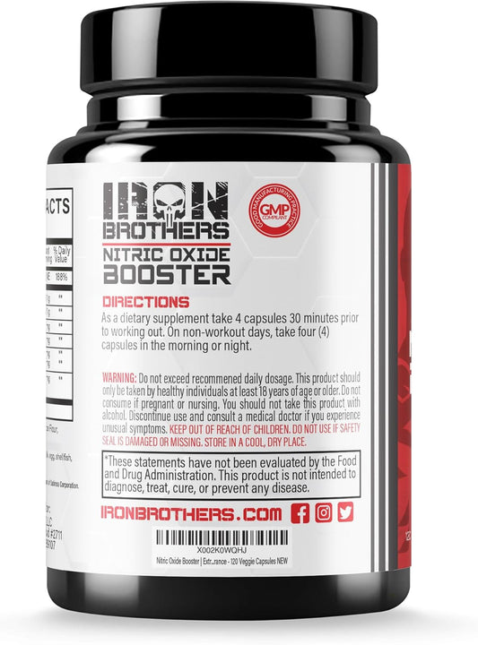 Iron Brothers Supplements Nitric Oxide Booster | Extra Strength Pumps Supplements | Pre-Workout With L-Arginine | Maximum Blood Flow & Vascularity | Increase Muscle Pumps, Energy & Endurance - 30 Days