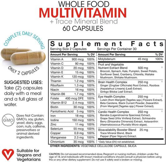 Silver Fern Whole Food Daily Multi Vitamin W/Trace Mineral Blend Supplement - 4 Bottles - 60 Vegicaps Each - 120 Day Supply - Natural, Non-Gmo, Vegan, Multivitamin - Zero Synthetics