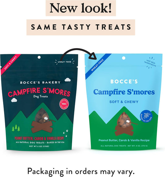 Bocce'S Bakery Campfire S'Mores Treats For Dogs, Wheat-Free Everyday Dog Treats, Made With Real Ingredients, Baked In The Usa, All-Natural Soft & Chewy Cookies, Peanut Butter, Carob, & Vanilla, 6 Oz
