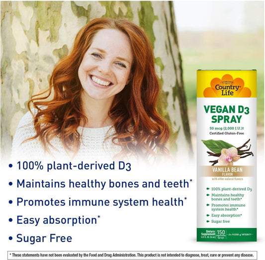 Country Life Vegan D3 Spray, 2,000 Iu Vanilla Bean Flavor, 150 Vegetarian Sprays, Certified Gluten Free, Certified Vegetarian