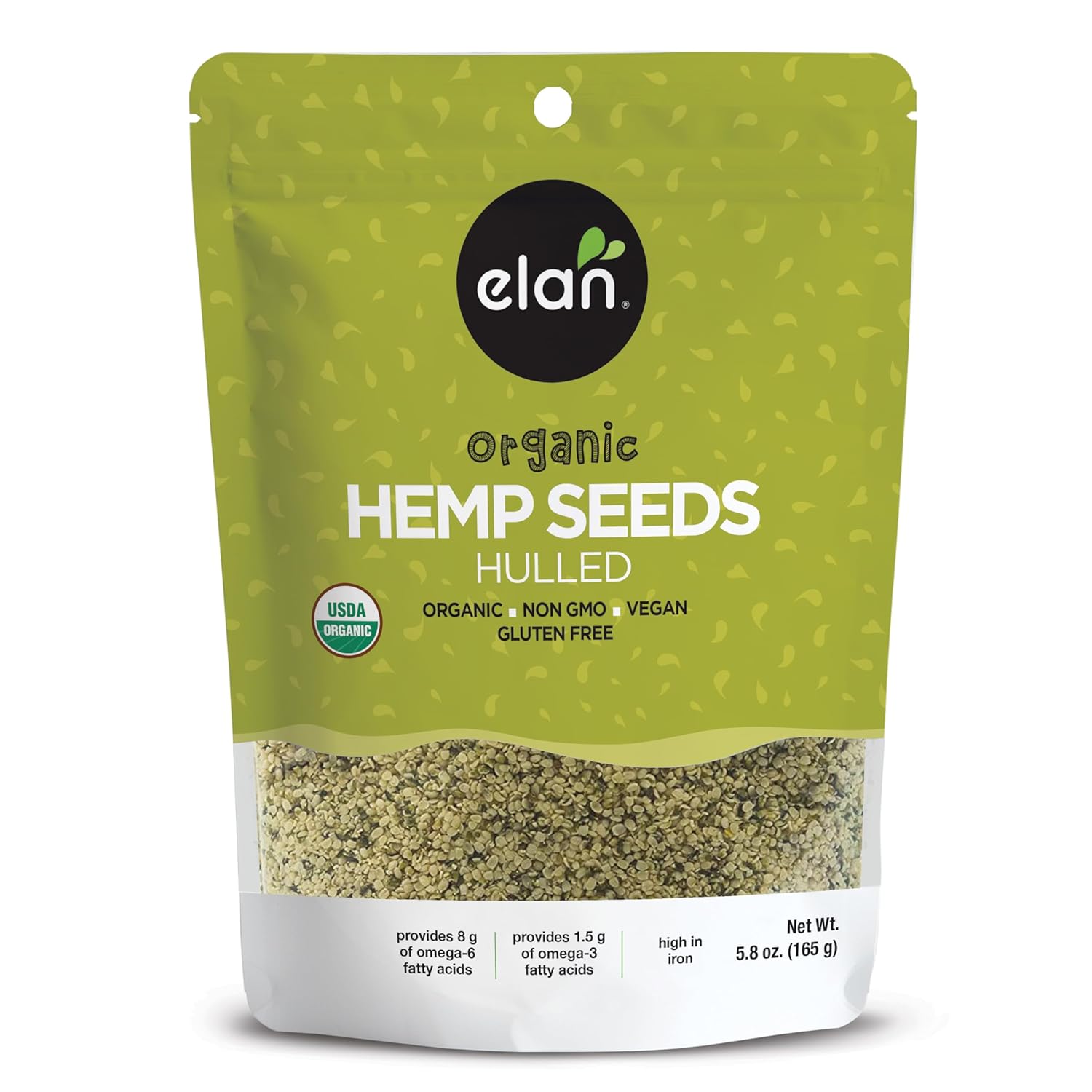 Elan Organic Hulled Hemp Seeds, 5.8 Oz, Shelled Hemp Seeds, Raw Hemp Hearts, No Additives, Non-Gmo, Vegan, Gluten-Free, Source Of Omega-3 & Omega-6, High In Protein