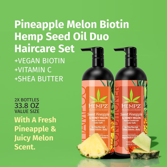 Hempz Hair Shampoo & Conditioner Set - Sweet Pineapple & Honey Melon Scent For Thin/Fine Dry, Damaged And Color Treated Hair, Hydrating, Softening, Moisturizing With Biotin Duo Set - 33.8 Fl Oz