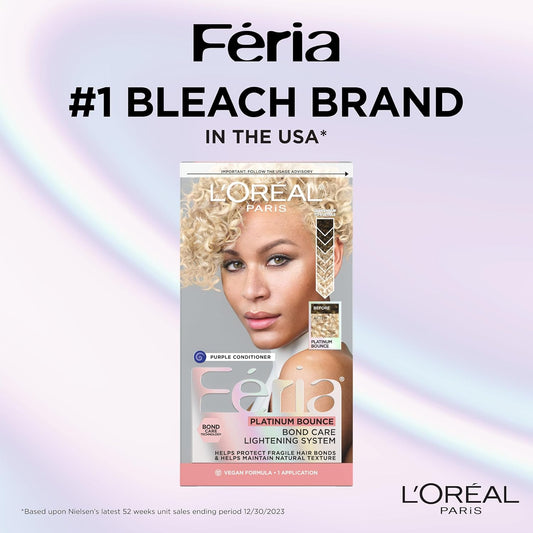 L'Oreal Paris Feria Platinum Bounce Bond Care Lightening System, Lifts Up To 8 Levels, Includes Anti Brass Purple Conditioner, Platinum Bounce, 1 Hair Dye Kit